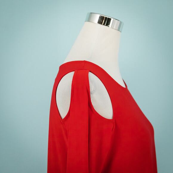 IC by Connie K Size Small S Red Crew 3/4 Sleeve Asymmetrical Cut Out Tunic Top - Picture 2 of 6